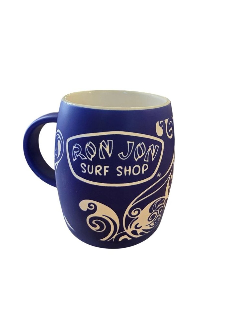 Ron Jon Surf Shop Matte Blue Deep Etch Barrel Coffee Mug 14oz EUC